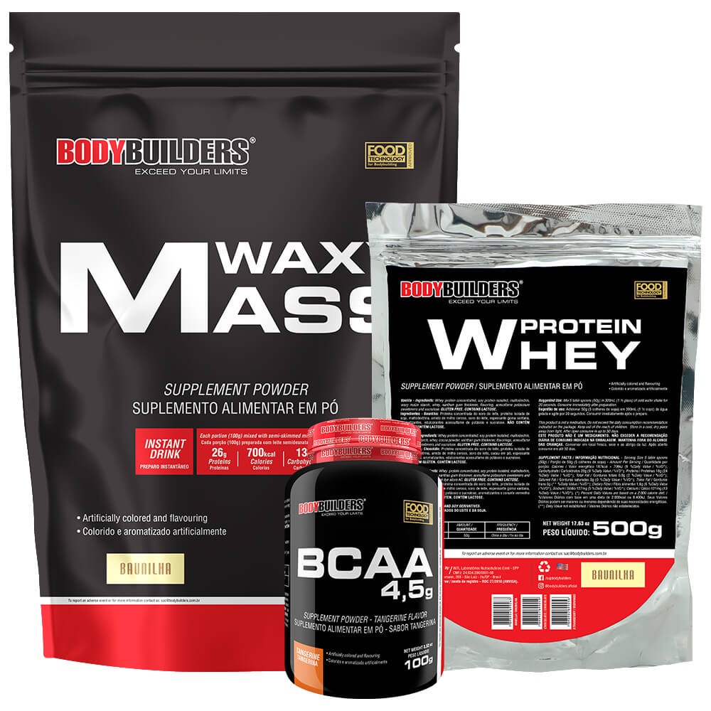 Kit Suplemento em Pó Hipercalórico Waxy Mass 3Kg + Whey Protein Concentrado em Blend Proteico 500g + BCAA 4,5 100g – Kit Para Aumento de Massa Muscular – Bodybuilders