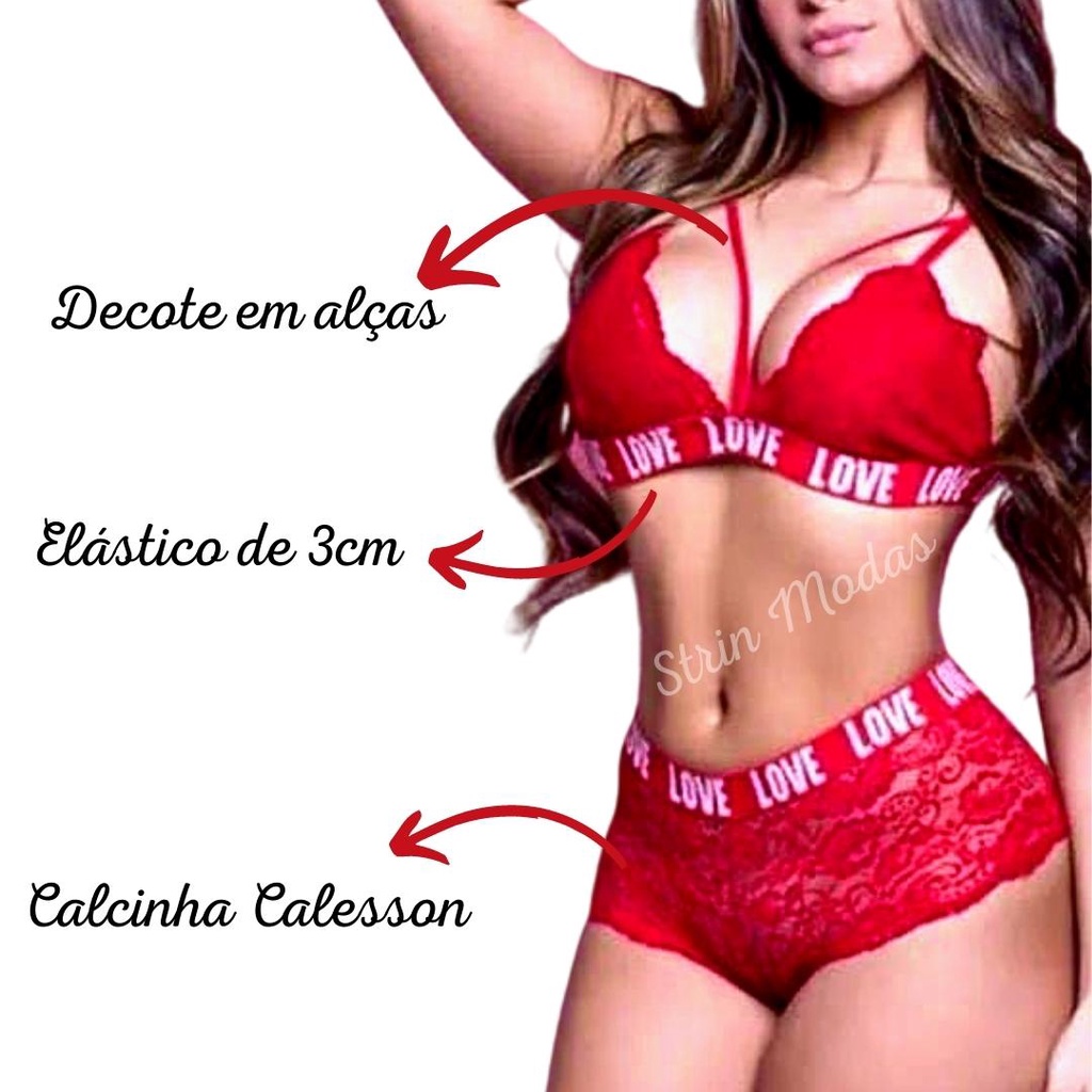 Conjunto Rendado de Lingerie Love - Sutiã e Calcinha Caleçon