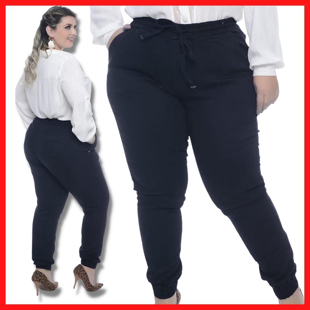 Calça Jeans Plus Size Feminina com Elástico na Cintura e na Perna Jogger  Tecido Premium Grosso de Alta Qualidade - 8002 Preta