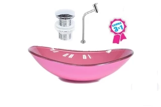 Cuba De Vidro Oval 47cm Rosa + Válvula Click + Torneira De Metal