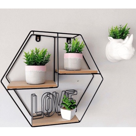 Nicho Prateleira Hexagonal Metal Aramado E Madeira Com Prateleiras