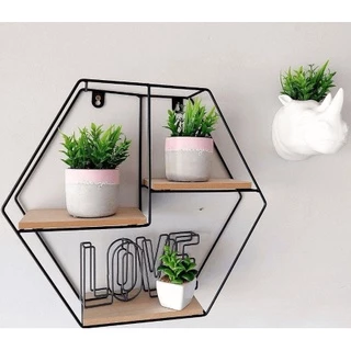 Nicho Prateleira Hexagonal Metal Aramado E Madeira Com Prateleiras