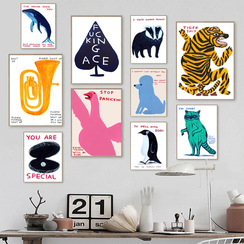 David Shrigley Killer Penguin Whale Shell Cat Wall Art Canvas Pintura Nórdica Pôster Impressão De Parede Decoração Da Sala De Estar