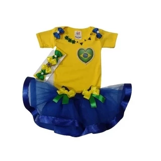 Body Temático Brasil Bebê Menina Roupa Copa Do Mundo C/ Saia e Laço