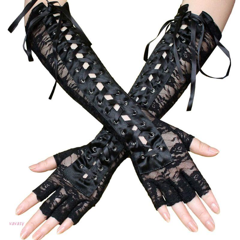 Luvas de renda Crânio Jacquard Luvas de renda preta Mulheres Proteção solar  Luvas curtas de tule Stretchy Halloween Gothic Fashion (Cor: preto ponto