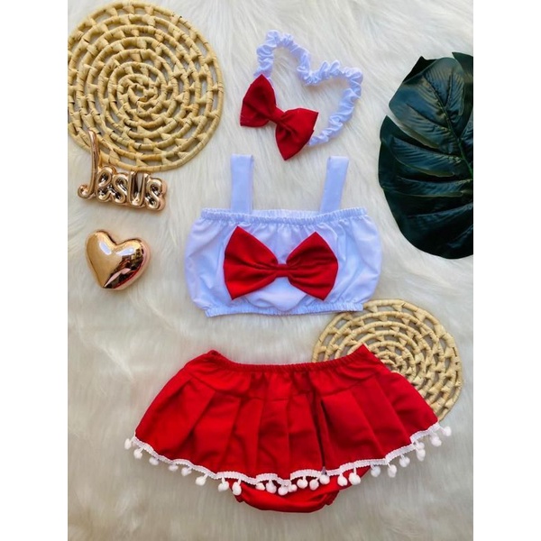 conjunto para bebê menina calcinha sainha + cropped + faixa de cabelo ...