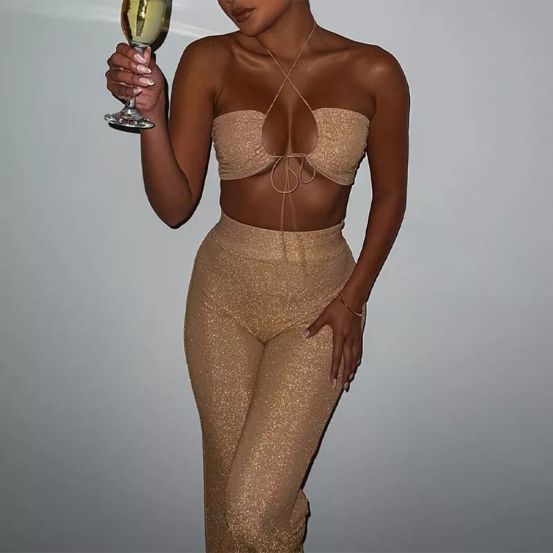 Conjunto Fem Lurex Top Cropped Multiformas Calça Cintura Alta