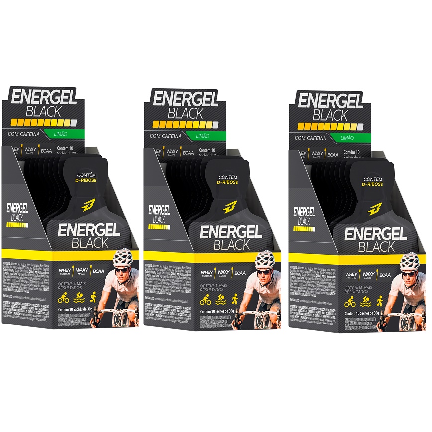 Kit 3 Gel Energel Black 10 Sachês Bodyaction Carb Up Sabor Limao Bcaa Waxy Maize Whey protein