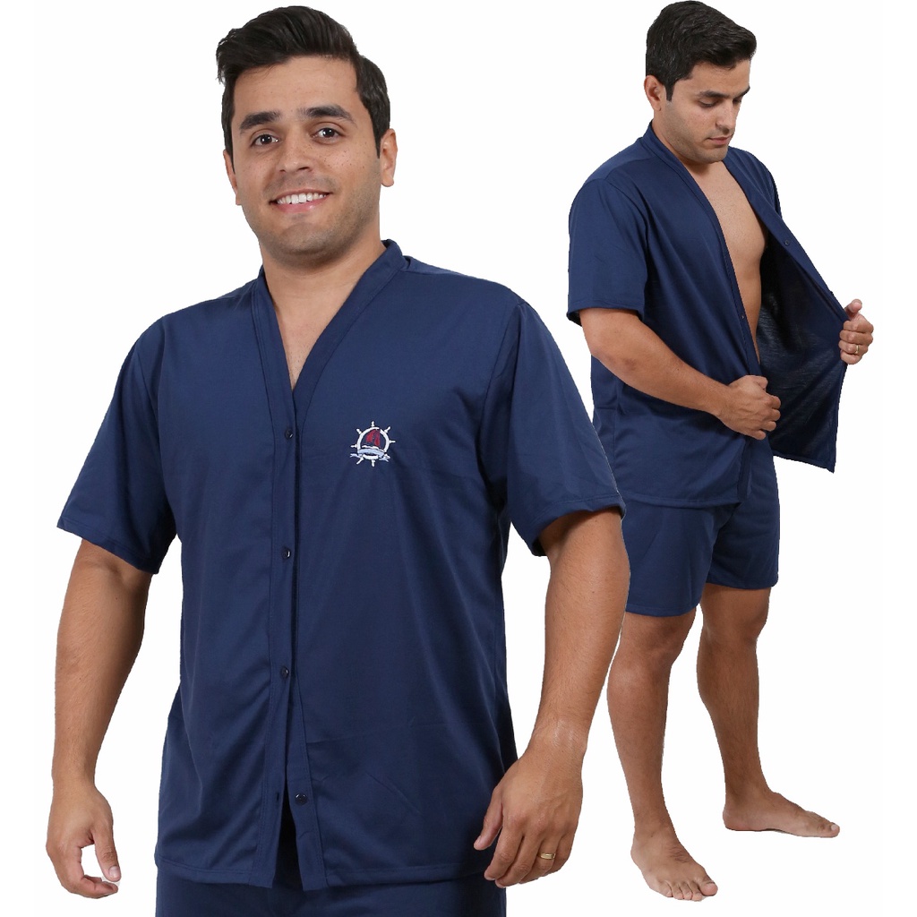 Pijama Masculino Botão Adulto Blusa Manga Curta E Short Verão Pós cirúrgico Promoção em Oferta na Shopee