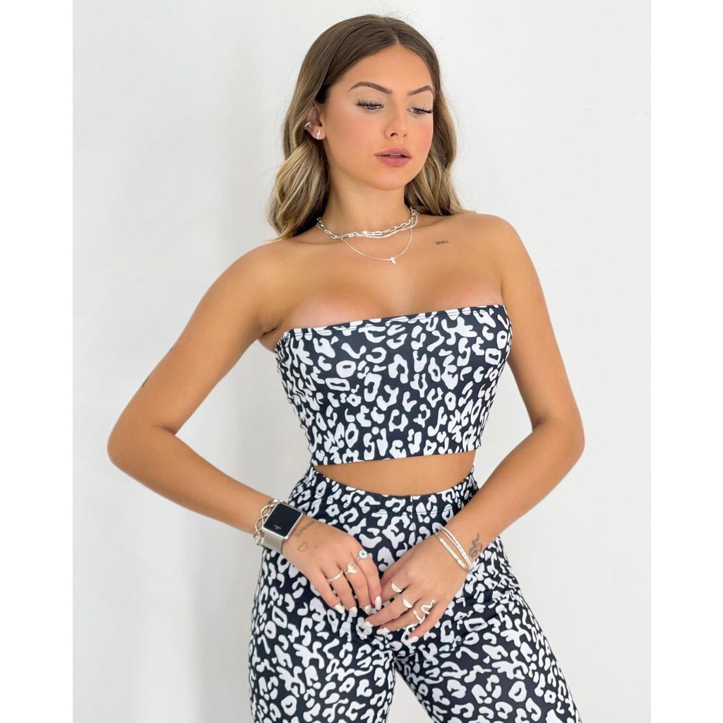 Conjunto Calça Flare Top Cropped Aesthetic Geométrico Animal