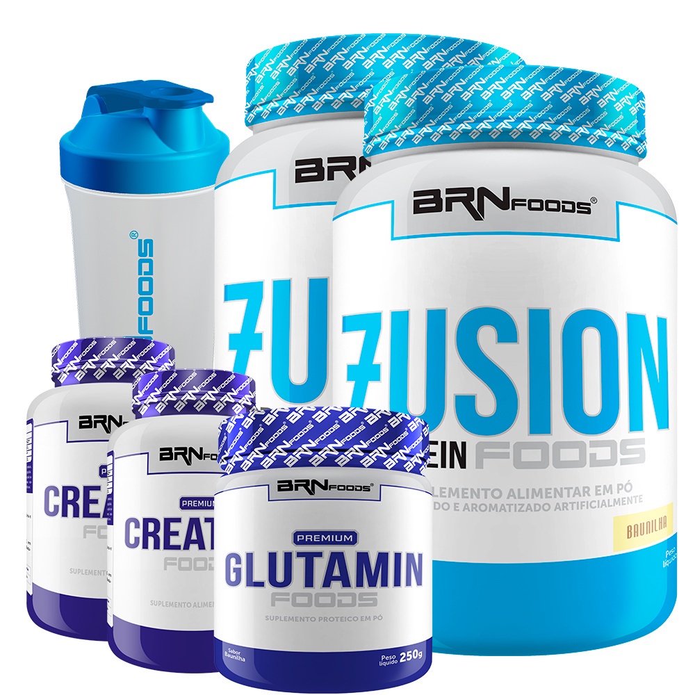 Kit 2x Whey Protein Fusion Protein 900g + 2x Premium Creatina 100g + Premium Glutamina 250g + Coqueteleira – BRN Foods