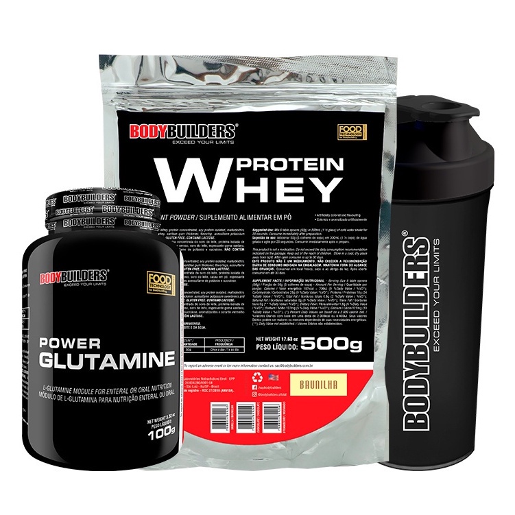 Kit Whey Protein Concentrado em Blend de Proteínas 500g + Power Glutamina 100g + Coqueteleira – BodyBuilders