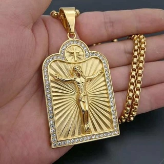 Vintage Hip Hop Moda Masculina Aço Inoxidável 18K Zircon Jesus Cross Pendant Colar Festa Jóias Acessórios