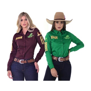 Camisa Feminina Country Radade Green Team Bordo e Verde Bordados em Alto Relevo 100% Algodão