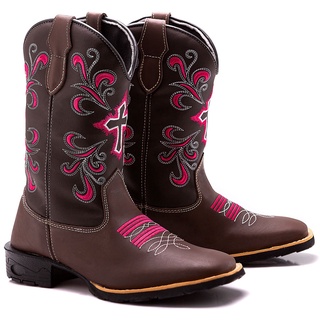 Bota Botina Montaria Texana Country Feminina Couro Cruz Floral