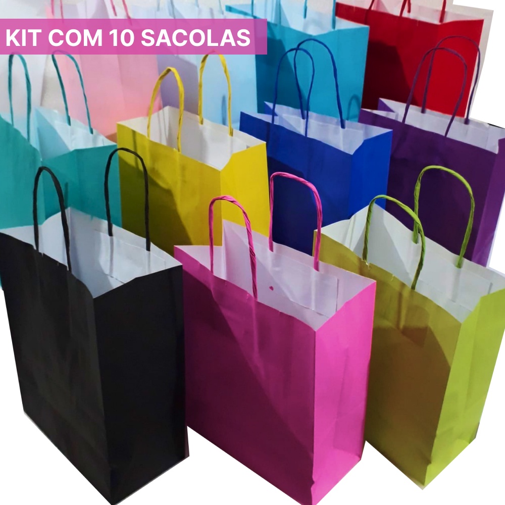 Sacolas Coloridas de papel - Pacote 10 Unidades - alça de cordão ...