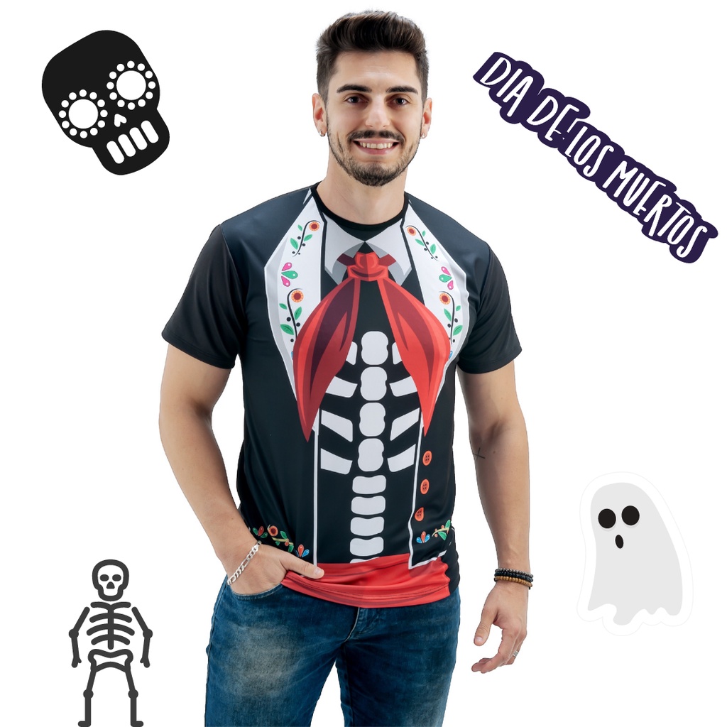 Fantasia Camiseta Dia de Los Muertos Halloween Caveira Adult