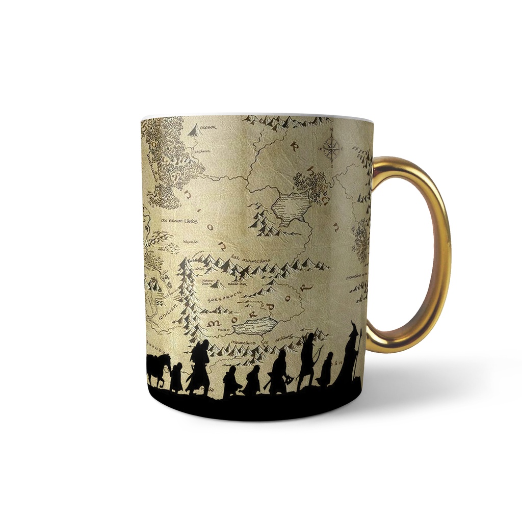 Caneca Senhor dos Anéis Mapa Terra Média Dourada ou Mágica