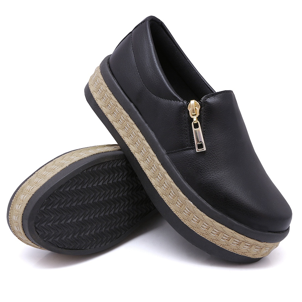 Slip On Iate Tenis Casual Feminino Plataforma DKshoes Zíper Preto