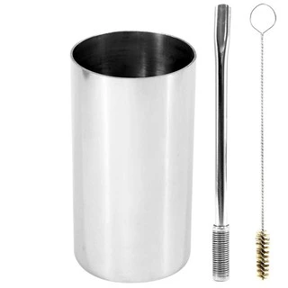 Kit Bomba e Copo de Terere Redondo 19cm Aço Inox Lisa Prata Bojo Mola