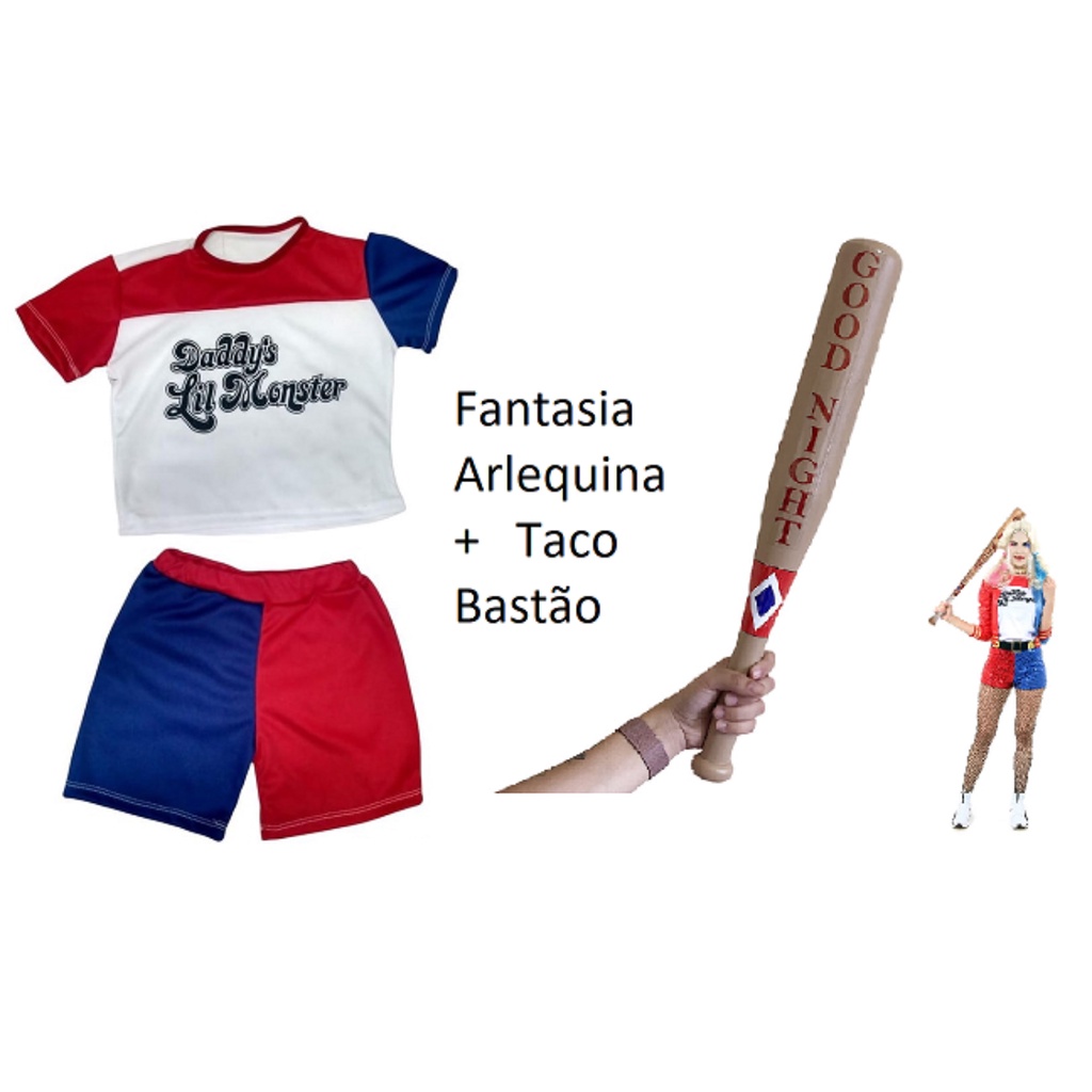 Fantasia Completa Arlequina Camiseta, Shorts, Jaqueta e Taco