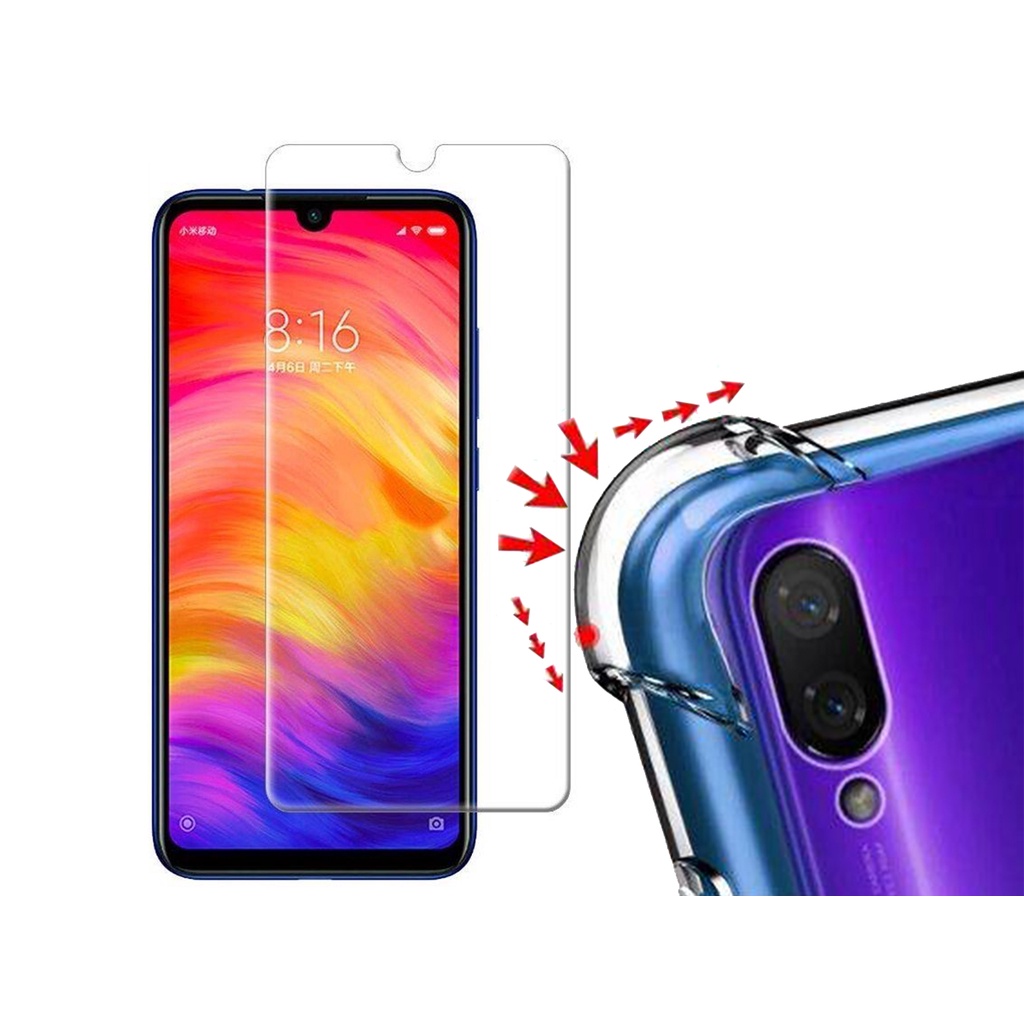 Capinha Xiaomi Redmi Note 7 + Película frontal de vidro Note7 capa case transparente de silicone com borda anti queda
