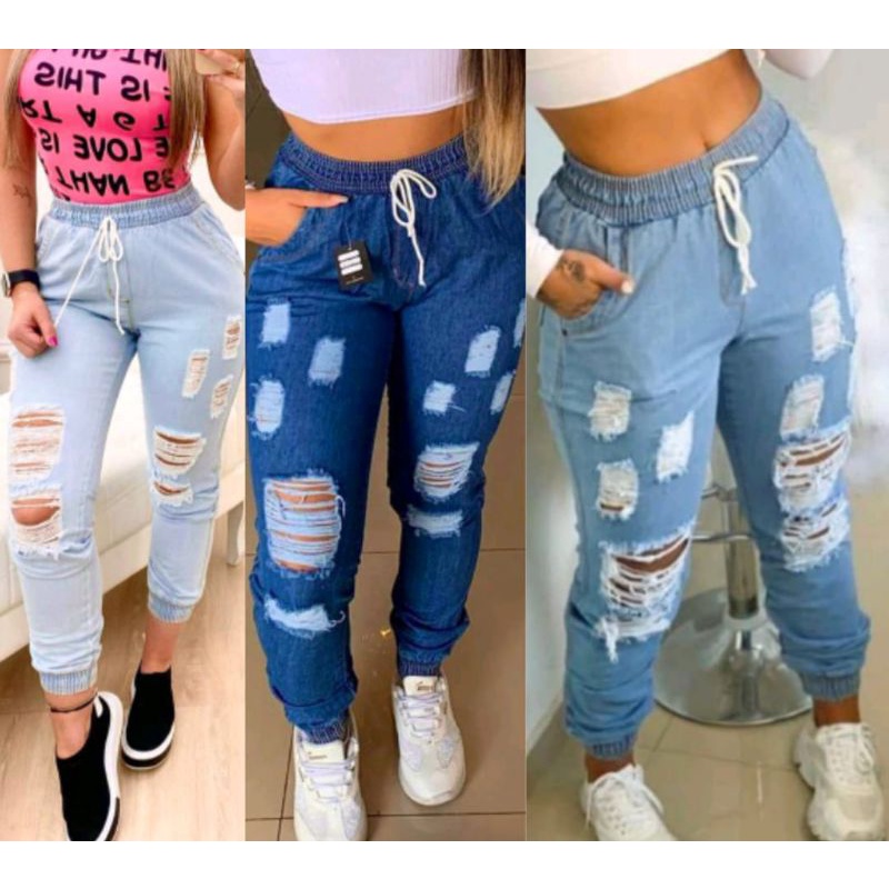 Calça Feminina Jogger Jeans Destroyed Cintura Alta Blogueira Azul