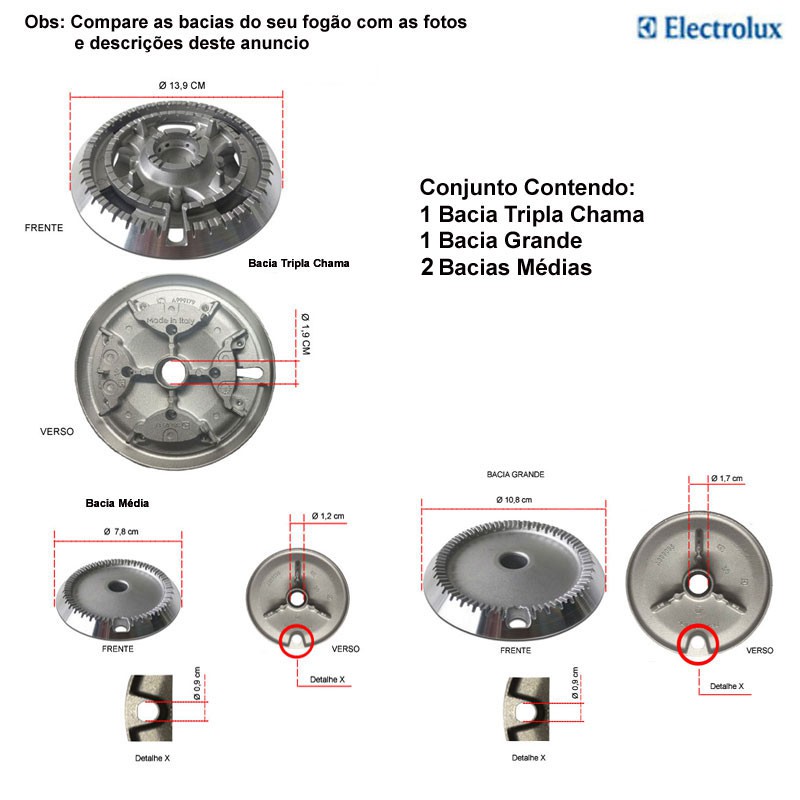 KIT BACIAS P/ FOGÕES ELECTROLUX TRIPLA CHAMA 4 BOCAS 56 DTX