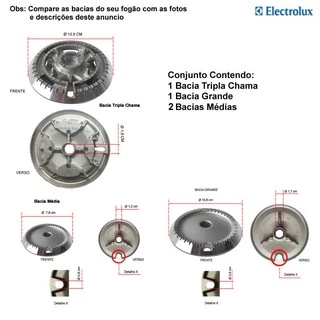 KIT BACIAS P/ FOGÕES ELECTROLUX TRIPLA CHAMA 4 BOCAS 56 DTX