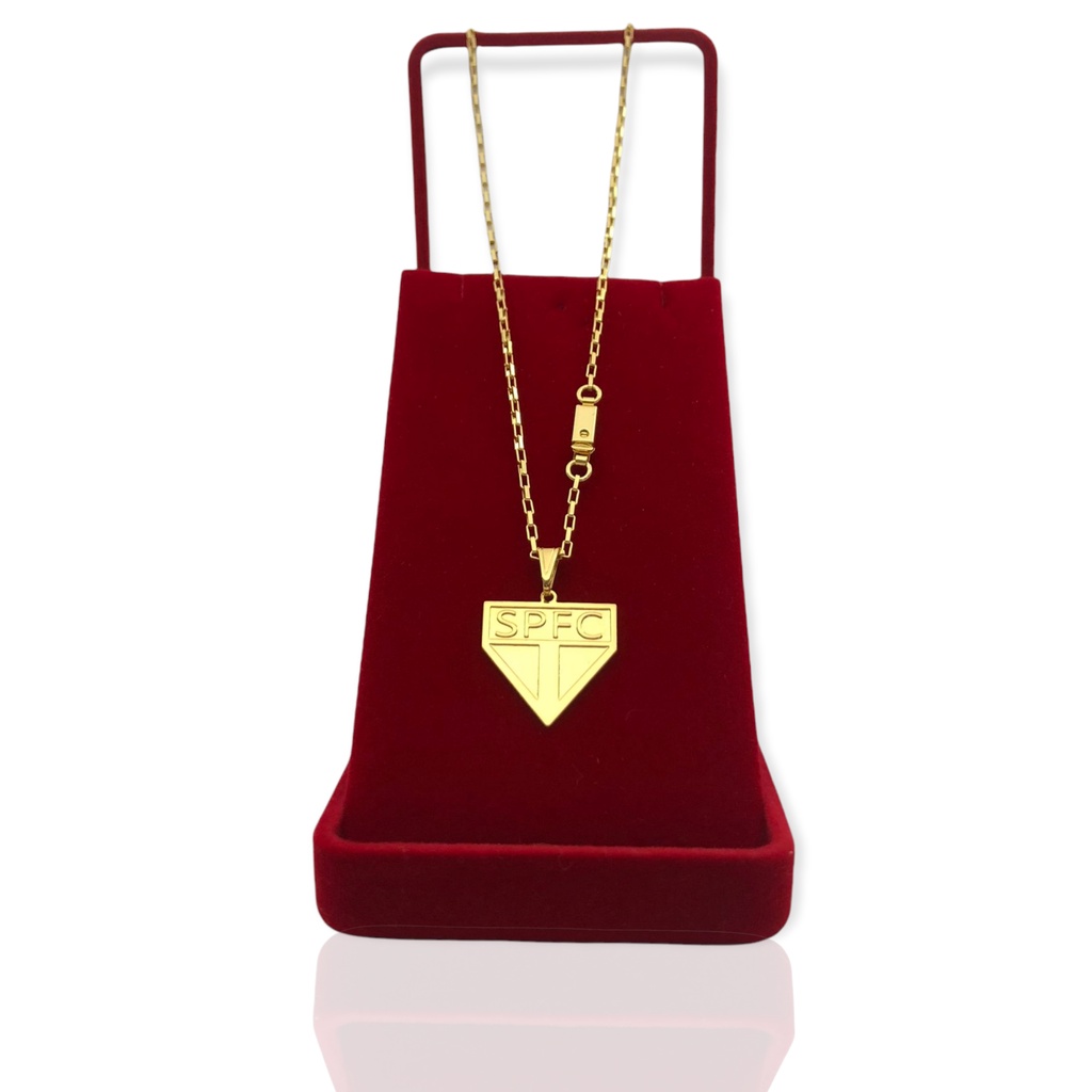 Corrente Colar Masculino Pingente Escudo São Paulo FC Tijolinho 1,5mm 70cm Banhado a Ouro 18K
