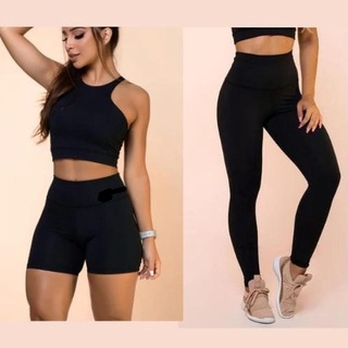 Kit Shorts e Calça Legging Grossa Feminina Fitness Cós Alto Empina Bumbum Academia ou Casual Esportes Ar Livre