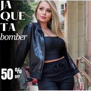 Jaqueta Casaco Bomber Cirre Feminino - Couro Fake, Semi-Impermeável, Ziper frontal.