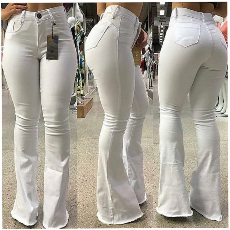 Calça Jeans Feminina Flare Cintura Alta Cos Alto Branca - Faz a Boa!