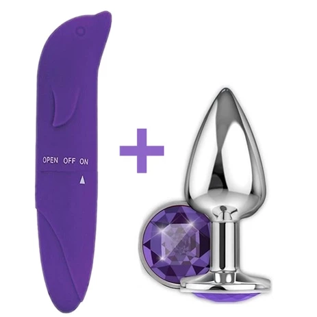 KIT Erótico Vibrador Femenino DELFÍN + PLUG ANAL C/ Piedra Sexy