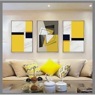 Quadro Decorativo Kit 03 Peças 40x60 Geométrico Amarelo Cinza Branco e Preto Para Sala Quarto Escritório - Placas Sem Moldura