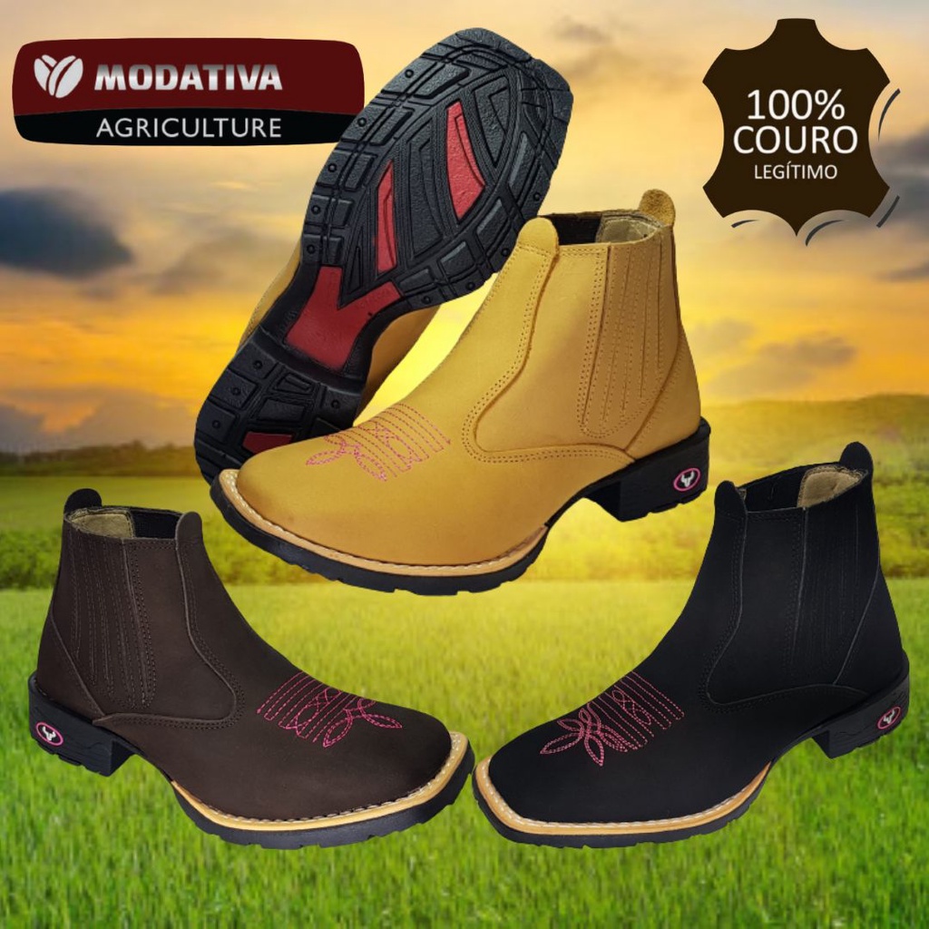 Bota Country Feminina Botina Texana Couro Nobuck Legitimo Cano Médio ...