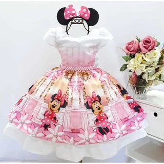 Vestido Infantil Minnie Rosa Aniversário+ Tiara De Orelhinha
