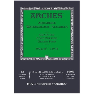 Bloco Para Aquarela ARCHES 300 g/m 100% Algodão - com 12 Folhas 14,8 x 21cm	 - Grano Fino