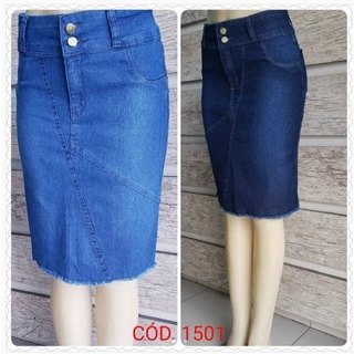 Saia Jeans Com Elastano com barra desfiada