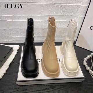 IELGY Botas De Sola Grossa Estilo Britânico Feminino De Couro Macio Elástico Com Zíper Para As Costas