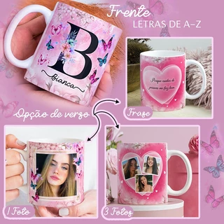 Caneca de Porcelana com nome e Letra do Alfabeto com foto