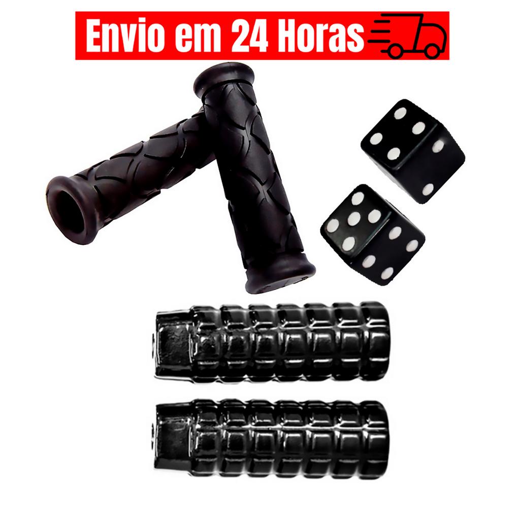 Par De Pedaleira Apoio Pezinho Trolhinha Alumínio Bike + Manopla Adventure + Tampa Válvula Dadinho Preto