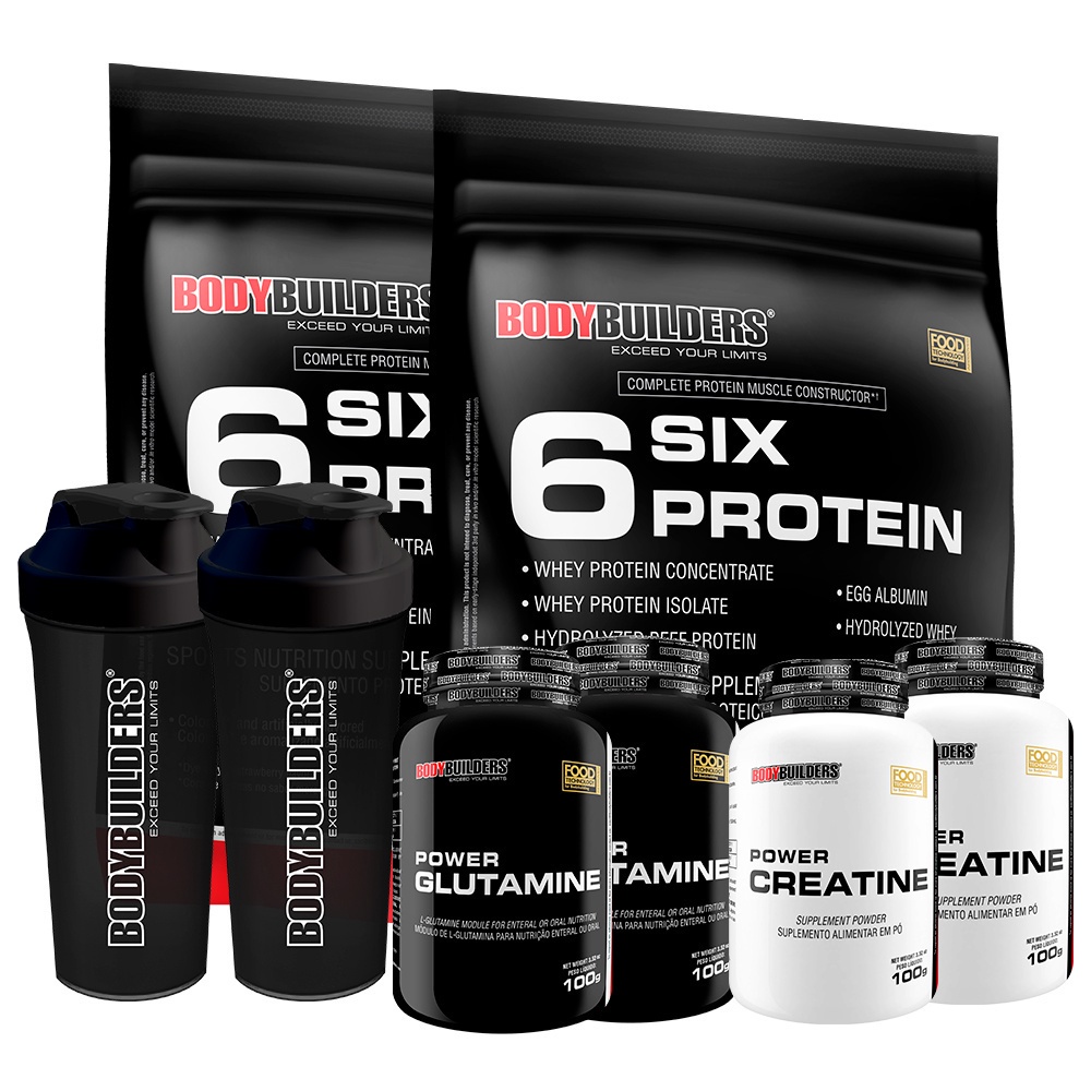 KIT 2x Whey 6 Six Protein 900g, 2x Power Glutamina 100g, 2x Power Creatina 100g, 2x Coqueteleira – Bodybuilders