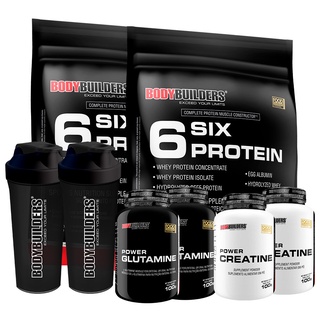KIT 2x Whey 6 Six Protein 900g, 2x Power Glutamina 100g, 2x Power Creatina 100g, 2x Coqueteleira - Bodybuilders