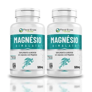 2 POTES MAGNÉSIO DIMALATO Puro 500mg Com 120 Cápsulas Concentrado - 100% Puro Floral Ervas do Brasil