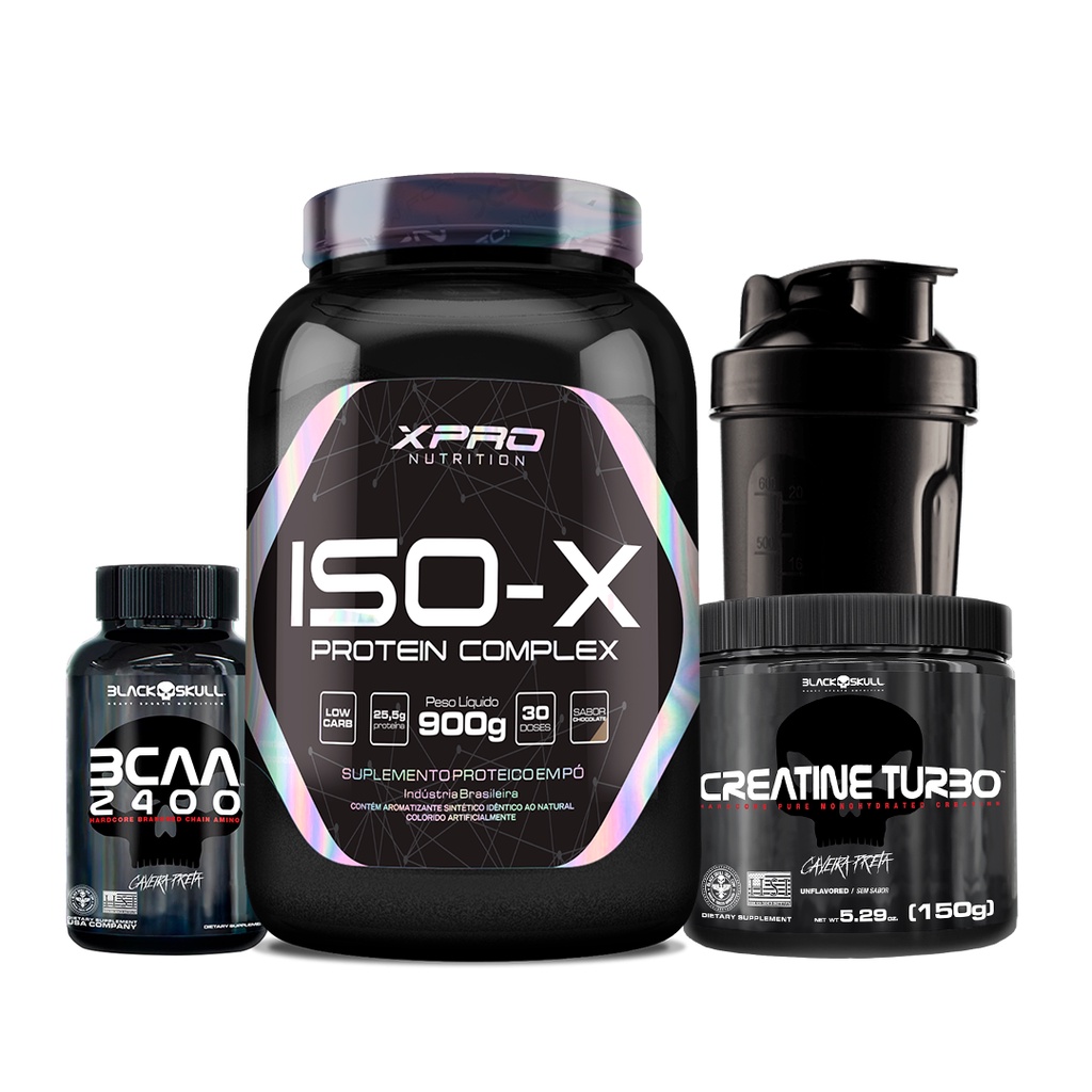 Kit Whey Iso-X 900g + Creatina Turbo 150g + BCAA 30 Tabs + Coqueteleira – Black Skull Isolado Isolate