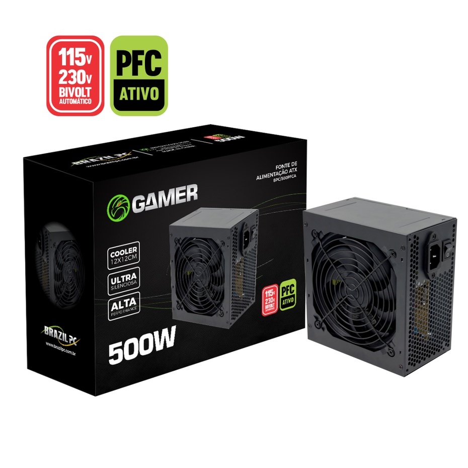 Fonte Atx 500w Real Gamer PFC Ativo Brazilpc/Tronos Silenciosa Bivolt