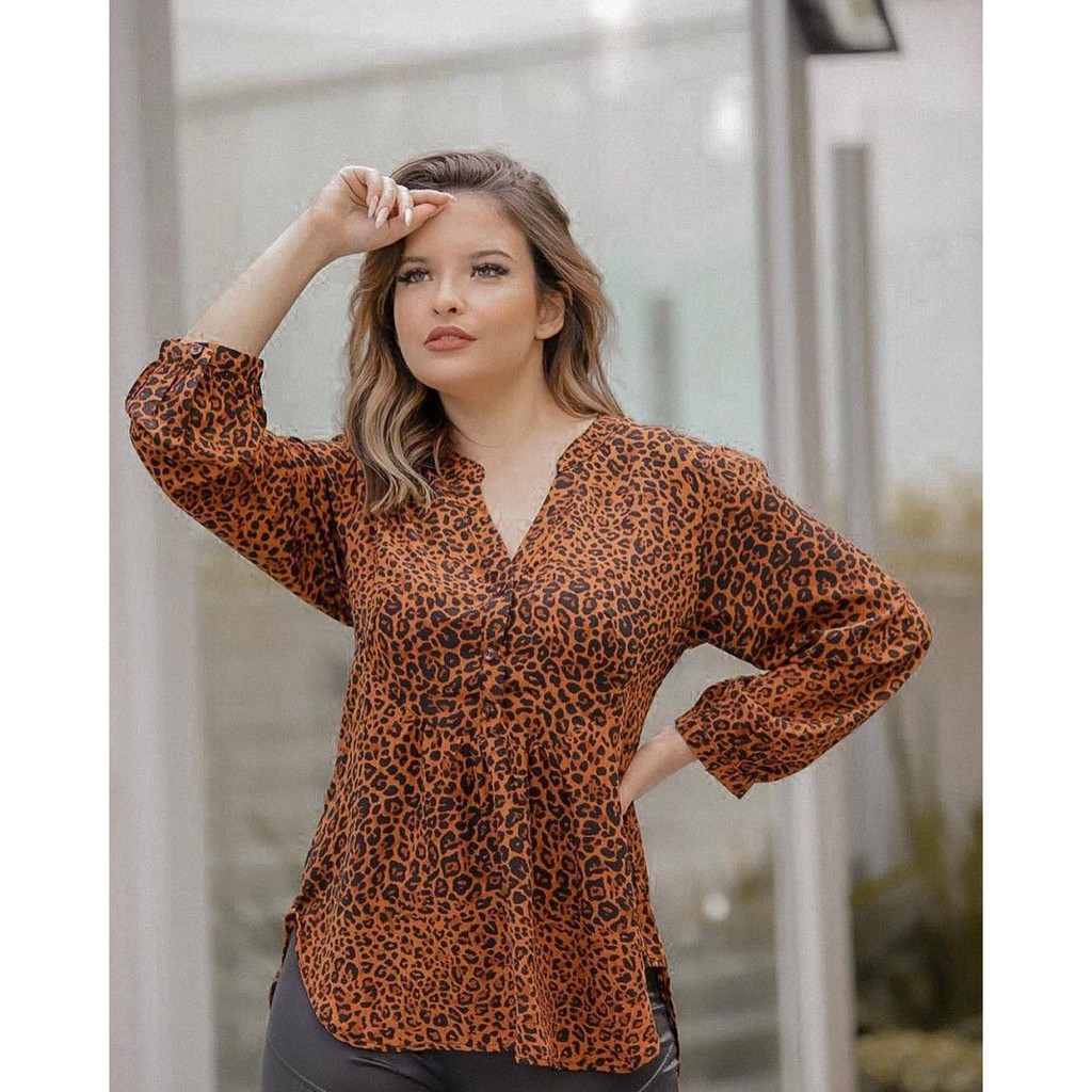Blusa feminina De onça Animal ciganinha Camiseta Gola V z1256