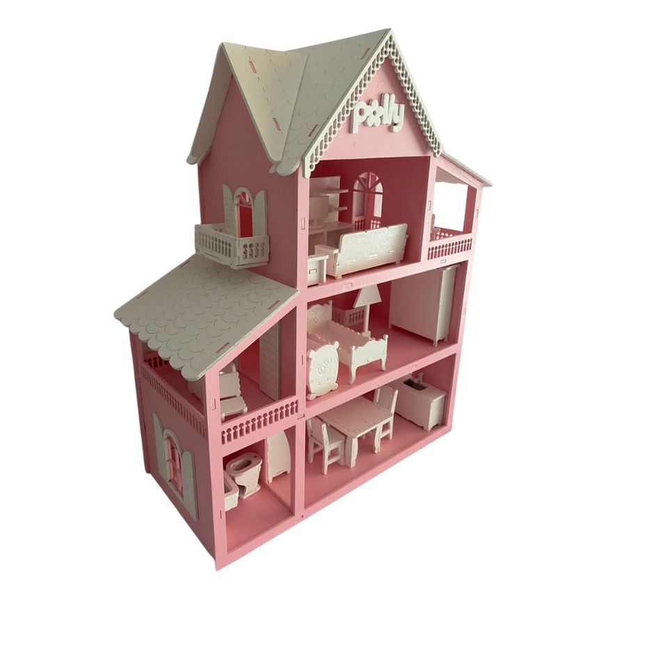 Casa Casinha de Boneca Rosa Branco Mdf + Mini Móveis Montados em