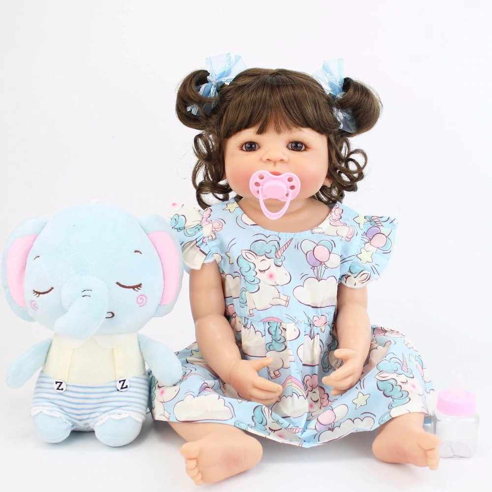 Boneca Bebê Reborn Silicone Menina Elefante Olhos Castanhos 55cm